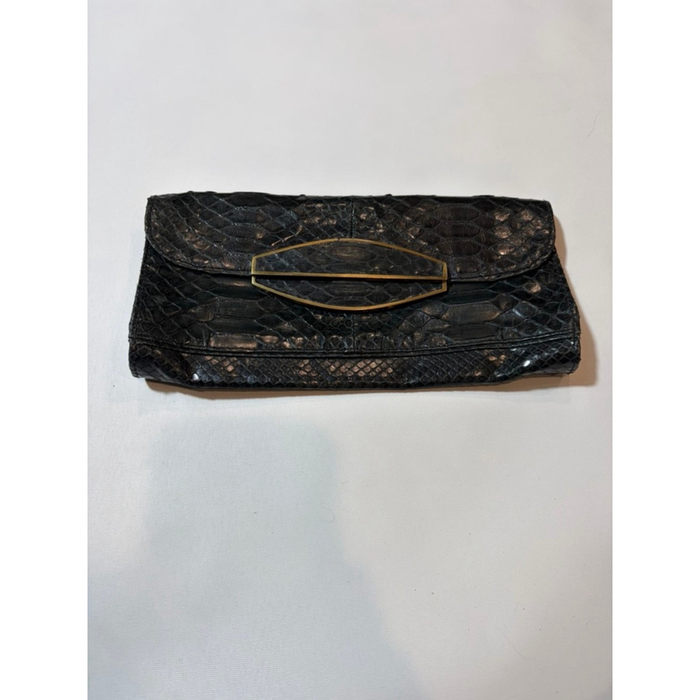 R&Y Augousti Python Snakeskin Clutch Black Gold Frame Exotic Evening Bag